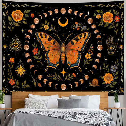 Lunerfex Moon Phase Butterfly Floral Wall Tapestry, Celestial Botanical Tapestries for Room Decor, Mystical Tapestry 90x70 Inch