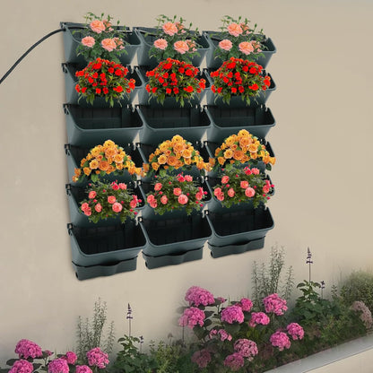 18 Pots Self-Watering Vertical Wall Planter, 39.4”L x 39.4”H Stackable Plastic Wall-Mounted Plant Grow Pots, Wall Hang Garden Planter Outdoor Indoor for Herbs Flowers Strawberries (Green)