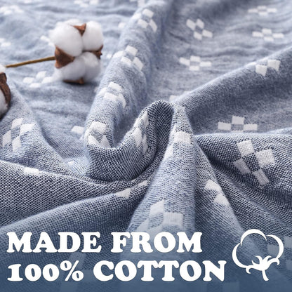 jinchan Boho 100% Cotton Blanket Muslin 50x60 Inches Lightweight 3-Layer Geometric Cross Pattern Reversible Quilt Throw Soft Breathable Comfy All Seasons for Couch Bed Decor, Blue