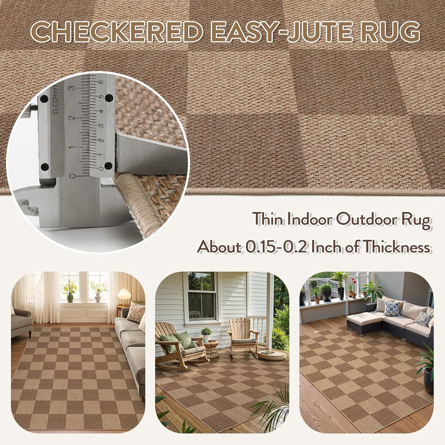 Lahome Checkered Easy Jute Living Room Rugs, 5x7 Large Dining Room Office Carpet Farmhouse Washable Area Rug, Checkerboard Neutral Non Slip Indoor Outdoor Carpet for Bedroom Entry Patio