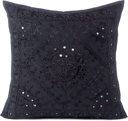 Eyes of India Embroidered Decorative Boho Throw Pillow Cover with Mirrors, Handmade Bohemian Accent Cushion Case for Sofa Couch Bedroom Living Room (Black, 16" x 16")