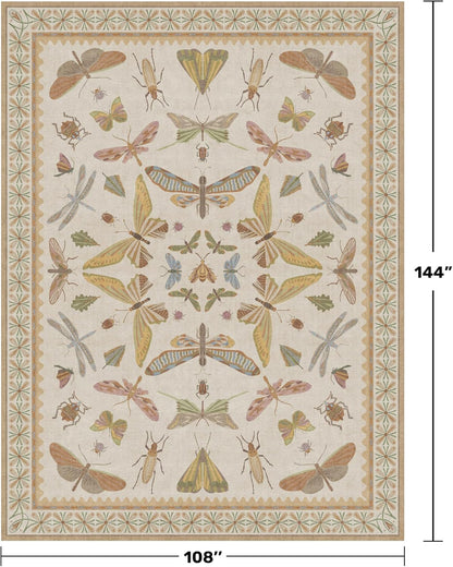 Beige Dining Table Rug - 6x9 Area Rugs for Bedroom, Living Room, Cute Kids Room, Large Fun Insect Butterfly Vintage Non-Slip Décor, Low Pile Stain Resistant