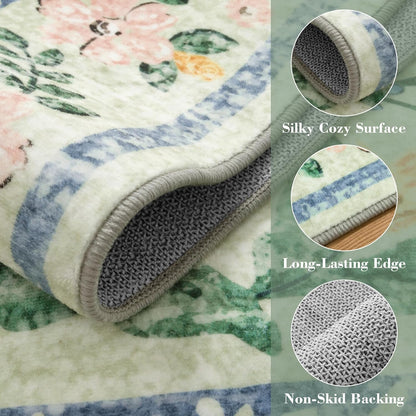 Wonnitar Washable Runners for Hallways, 2'6''x8' Floral Green Runner Rug for Kitchen Bathroom, Boho 8ft Non Silp Extra Long Rugs for Entryway Bedroom Laundry