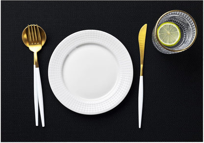 LEXMORE Placemats Set of 8 Vinyl/Plastic Woven Place Mats for Kitchen Table Indoor/Outdoor Washable Placemat Wipeable Dining Table Mats(Black)