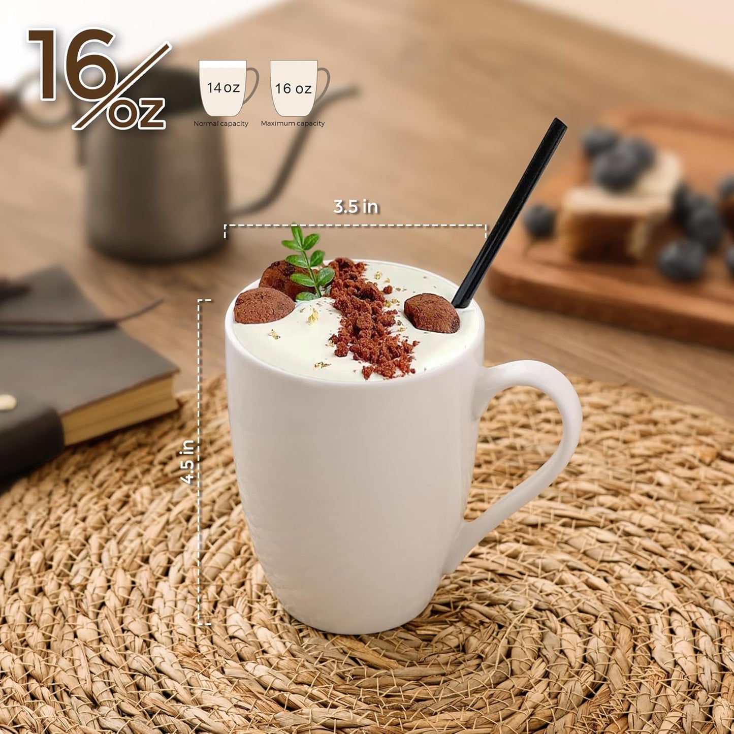 GBHOME 16oz Coffee Mugs Set of 6, Large Ceramic Coffee Mugs for Man, Woman, Dad, Mom, Modern Coffee Mugs Set with handle for Tea/Latte/Cappuccino/Milk/Cocoa. Dishwasher&Microwave Safe,White