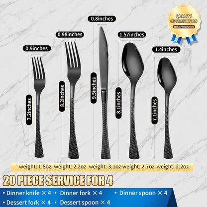 Hammered Black Silverware Set,20 Piece Modern Flatware Set Service for 4,Mirror Polished Stainless Steel Cutlery Set Utensil Set Tableware Set,Kitchen Knives Forks Spoons Set,Dishwasher Safe