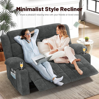 Loveseat Recliner Sofa Set with 2+1+1 Pieces, 2 Seater Minimalist Style Fabric Manual Pull Tab Reclining Loveseat with USB Charge Ports, Cup Holders, Recliner Couches for Living Room, RV, Gray