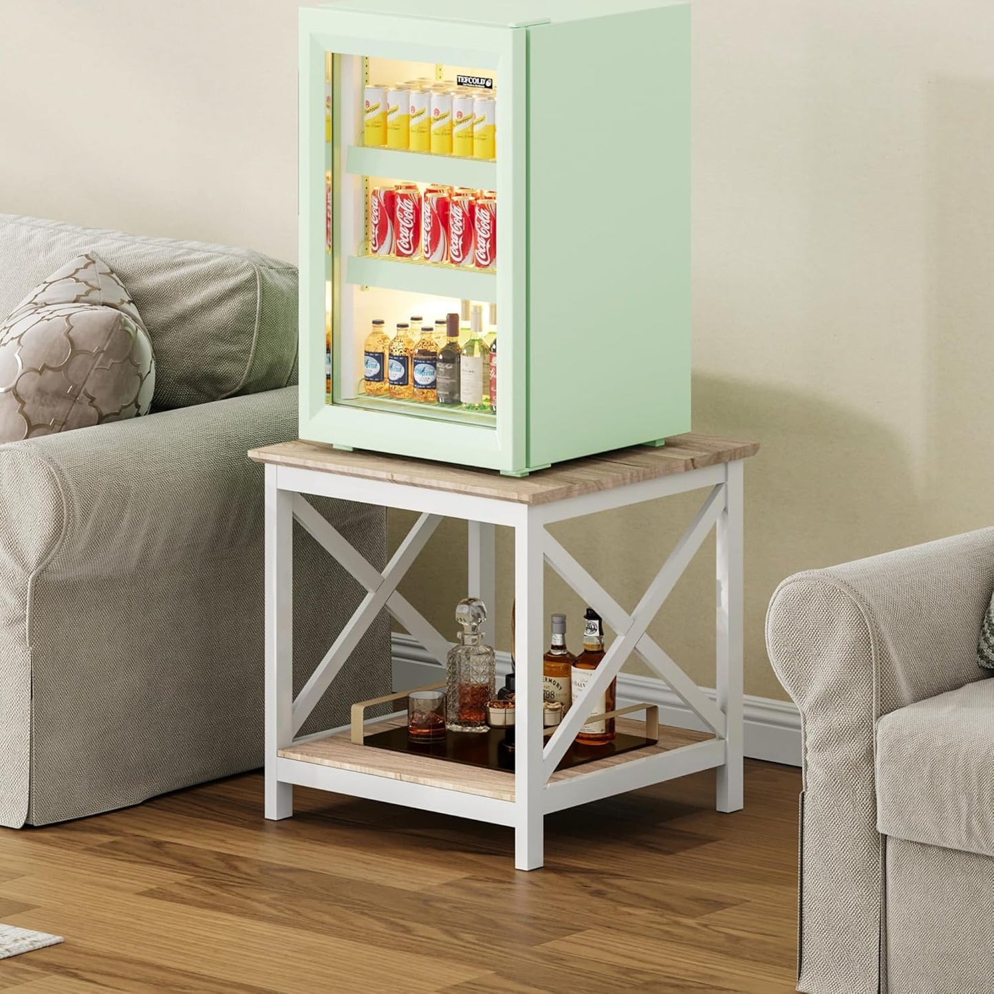 ChooChoo End Table, 24 Inch End Table with 2-Tier Storage Shelf, Side Table for Living Room, Wood Nightstand for Bedroom, Office, Oak