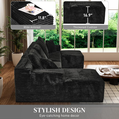 Modular Sectional Sofa Cloud Sectional Couch, 135" Comfy Fluffy U Shaped Black Couches for Living Room, Deep Seat Memory Foam Plush Corduroy Boneless Couch Sectionals with Left Facing Chaise Sofa
