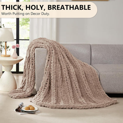 L'AGRATY Chunky Knit Blanket Throw: 72''x84'' Chenille Chunky Knitted Throw Blankets for Bed Couch - Handmade Thick Big Cable Knit Blanket - Large Crochet Rope Blankets for Home Decor(Light Taupe)