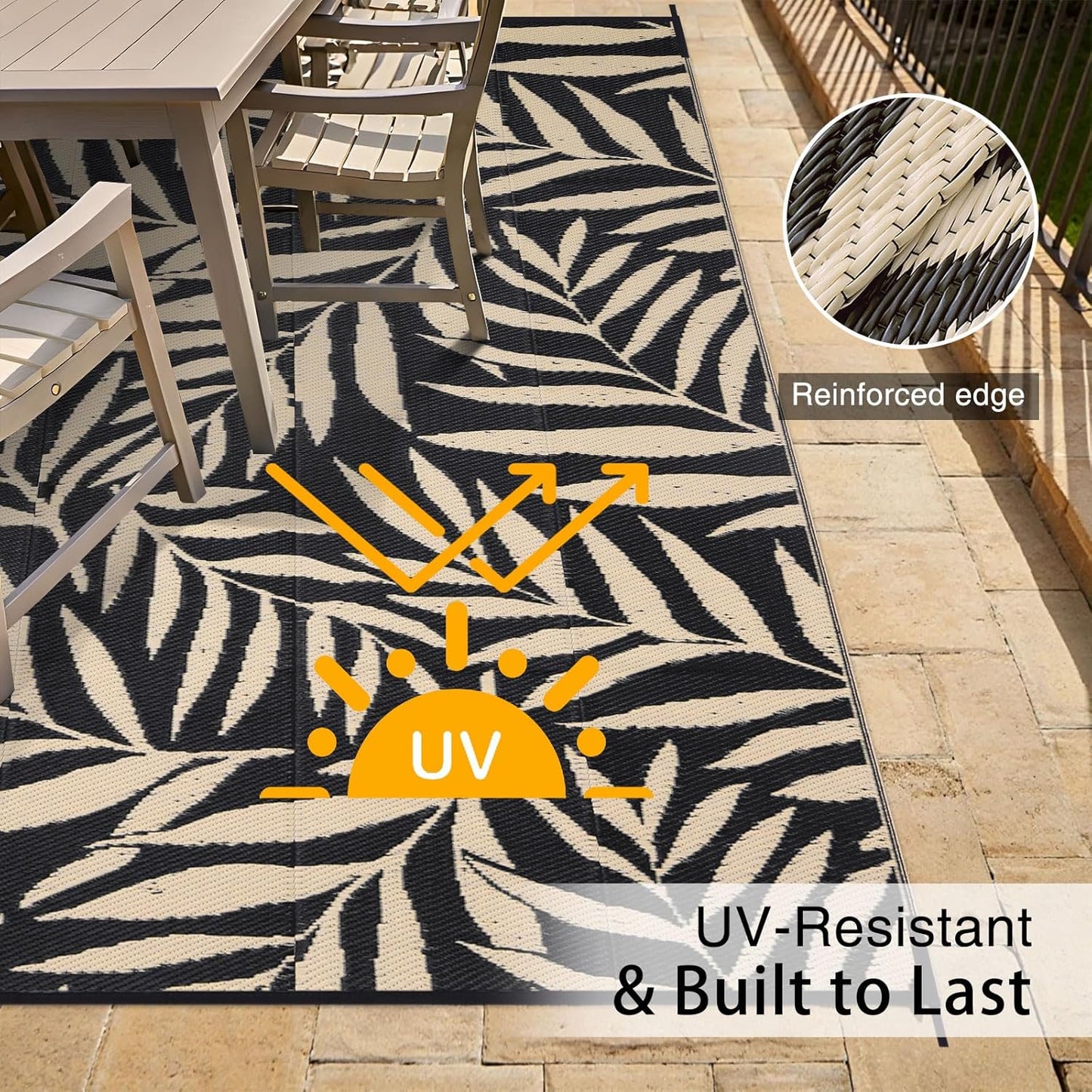 OLANLY Waterproof Outdoor Rug 9x12 ft, Reversible Outdoor Plastic Straw Rug with Leaf Pattern, RV Mat, Indoor Outdoor Carpet for Patio, Camping, Balcony, Deck, Backyard, Black & Beige