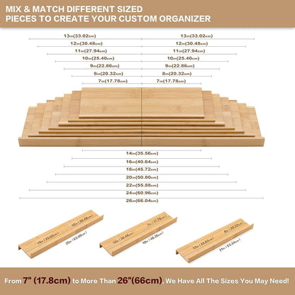 Bamboo Spice Rack Drawer Organizer - 8 Pieces Set- 10" Wide Per Piece - Combine Pieces Into 20" Wide Rack (10" or 20")