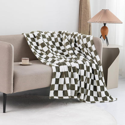 LOMAO Throw Blankets Flannel Blanket with Checkerboard Grid Pattern Soft Throw Blanket for Couch, Bed, Sofa Luxurious Warm and Cozy for All Seasons (Dark Olive, 90"x110")