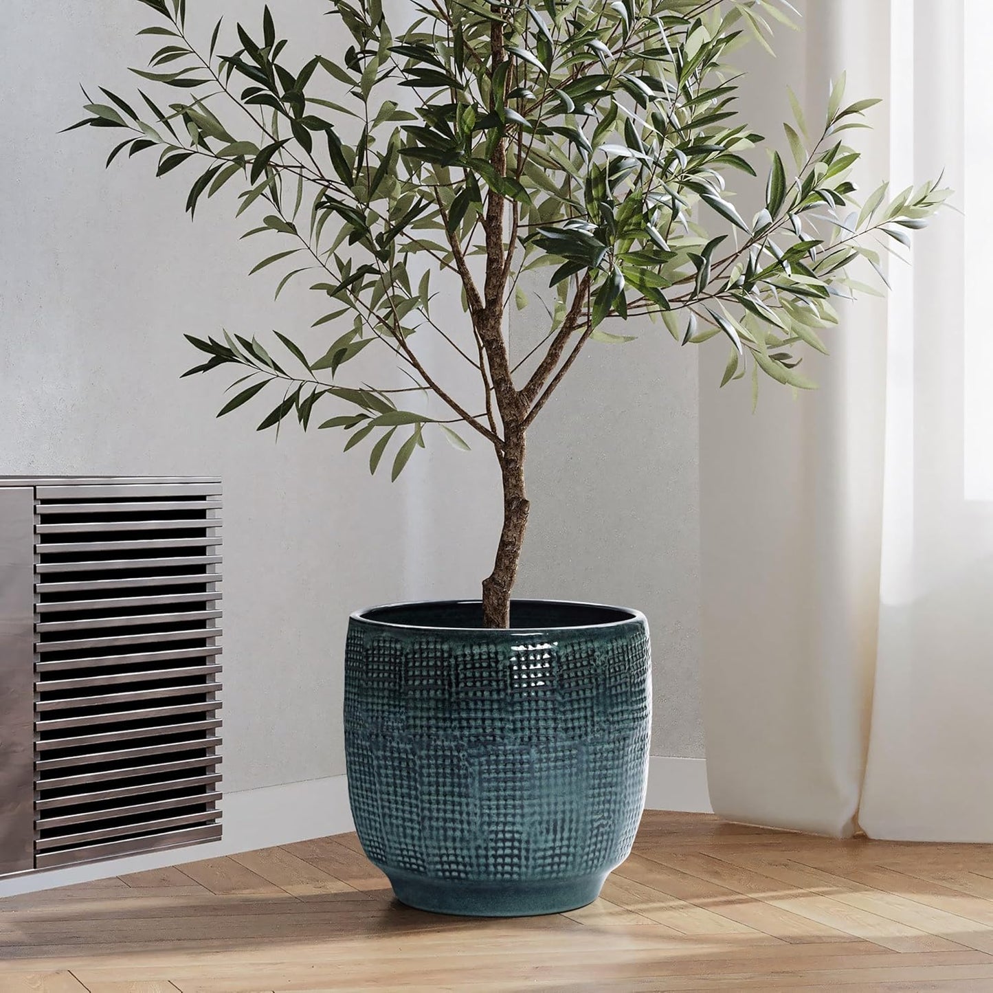 LuxenHome 12" Dia Large Ceramic Pots for Plants, Modern Green Glazed Planters for Outdoor Plants, Round Indoor Flower Pots with Drainage Hole and Rubber Plug for Home Garden Patio