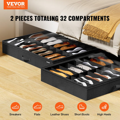 VEVOR Under Bed Shoe Storage Organizer, Set of 2, Total 32 Compartments, Underbed Shoes Closet