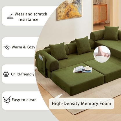 107" Oversized Convertible Sleeper Sofa Bed, Corduroy L Shape Sectional Couch, Folding Sofa Bed with Side Pocket, Modern Cloud Floor Mattress Couch, Modular Sofa for Living Room, Green