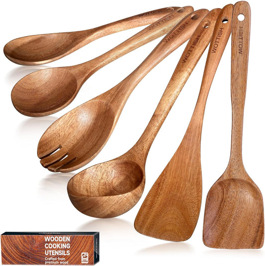Wooden Spoons - Wooden Spoons for Cooking,Natural Wooden Kitchen Utensils Set Non Toxic,6-Piece