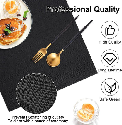 Vinyl Placemats Set of 6, PVC Woven Washable Non-Slip Table Mats, Heat Resistant Wrinkle Free Place Mats for Dining Table, Easy to Clean (6, Black)