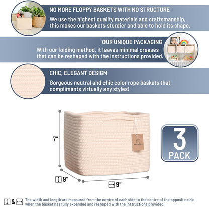 NaturalCozy Storage Cubes 9”x9”x7”Cotton Rope Woven Baskets for Organizing 3-Pack | 9 Inch Cube Storage Bin | Small Basket for Shelf Nursery, Pantry, Decorative Plant, Bathroom Closet, Toy Gift