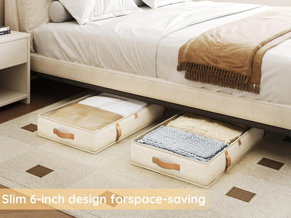 Vailando Under Bed Storage Containers, Foldable Storage Bins for Blankets, Comforter, and Seasonal Clothing, 6 Inches Tall, Beige with Brown Leather Handles, 2-Pack