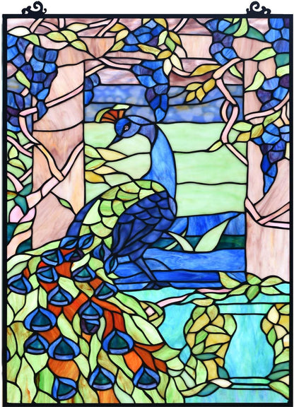 Bieye W10095 Peacock in Garden Tiffany Style Stained Glass Window Panel for Home Decor (Blue, 17.5Wx23.75H Rectangular)