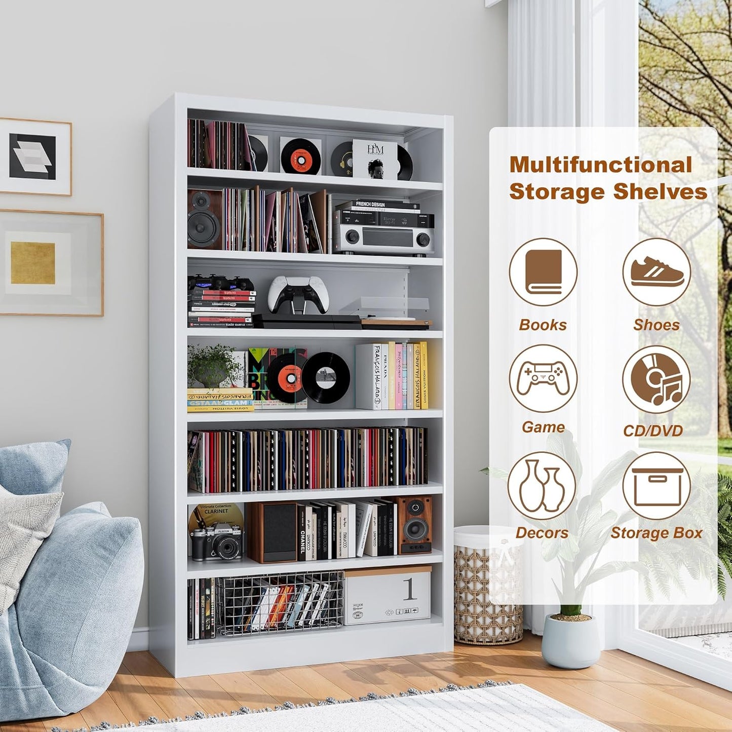 Metal DVD Storage Cabinets White, 7-Tier CD Storage Rack with Adjustable Shelves for CD Holder, Books, Games, Book Shelf for Living Room & Home Office