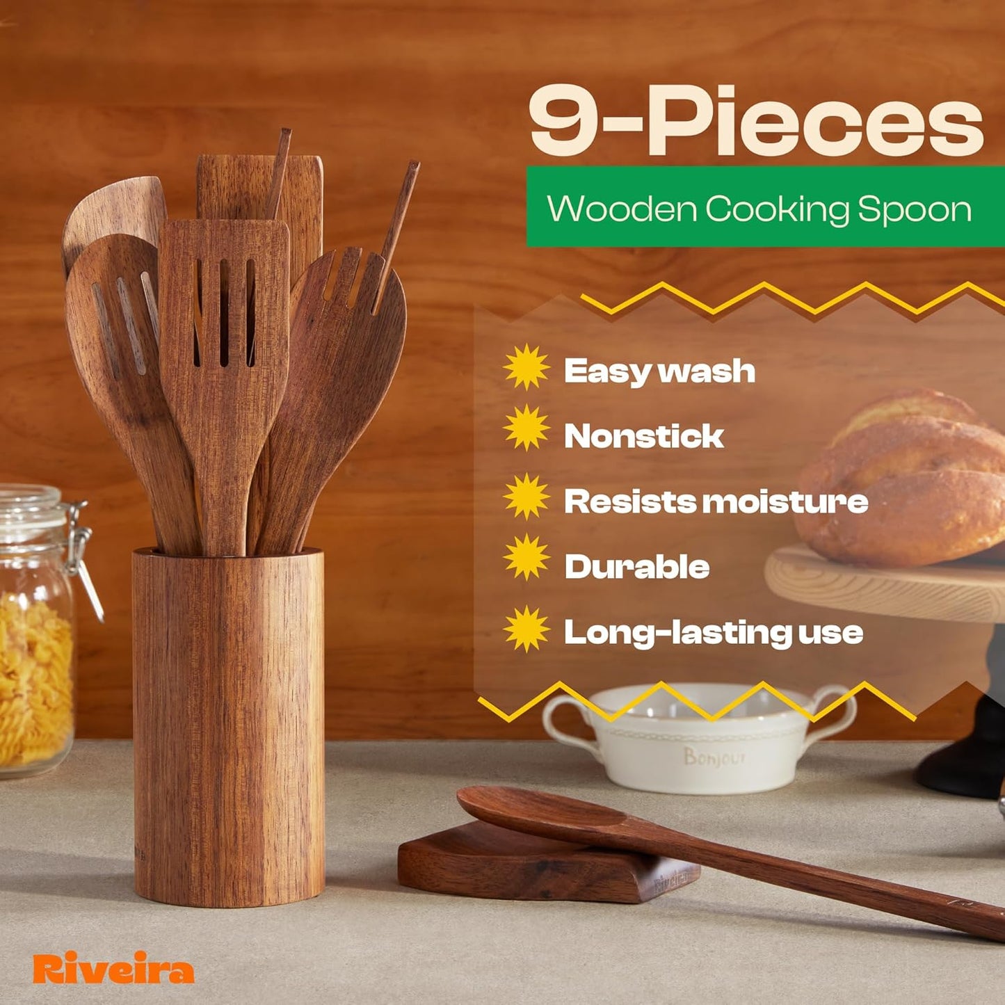Riveira Teak Wooden Spoons for Cooking Set of 9 – Natural Teak Wooden Cooking Utensils, Wooden Spatula, Wooden Spoon - Premium Quality Wooden Utensil Set for Non-Toxic Cooking