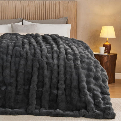 Lotus Karen Queen Size Faux Fur Blanket Dark Gray - Big Bubble Rabbit Fluff Throw for Bed Large Fluffy Fuzzy Cozy Thick Furry Plush Shaggy Blankets 90x90 Inches