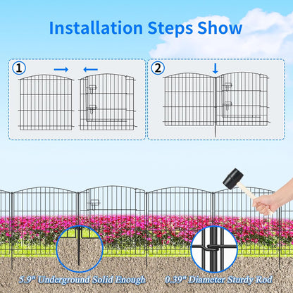 INJOPEXI Garden Fence 12 Panels 23.6ft (L)×24in (H) Decorative Garden Fences with 11 Fence Panels + 1 Gate Rustproof Wire No Dig Garden Fence Animal Barrier Fencing for Outdoor Backyard Patio - Black