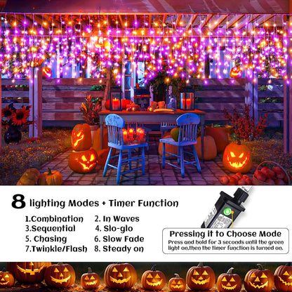 Orange and Purple Halloween Lights Outdoor Indoor, 33ft Icicle Lights for Outside 400 LED Twinkle Christmas Light with 75 Drops Clear Wire Short Curtain Light for House Party Tree Holiday Yard Decor