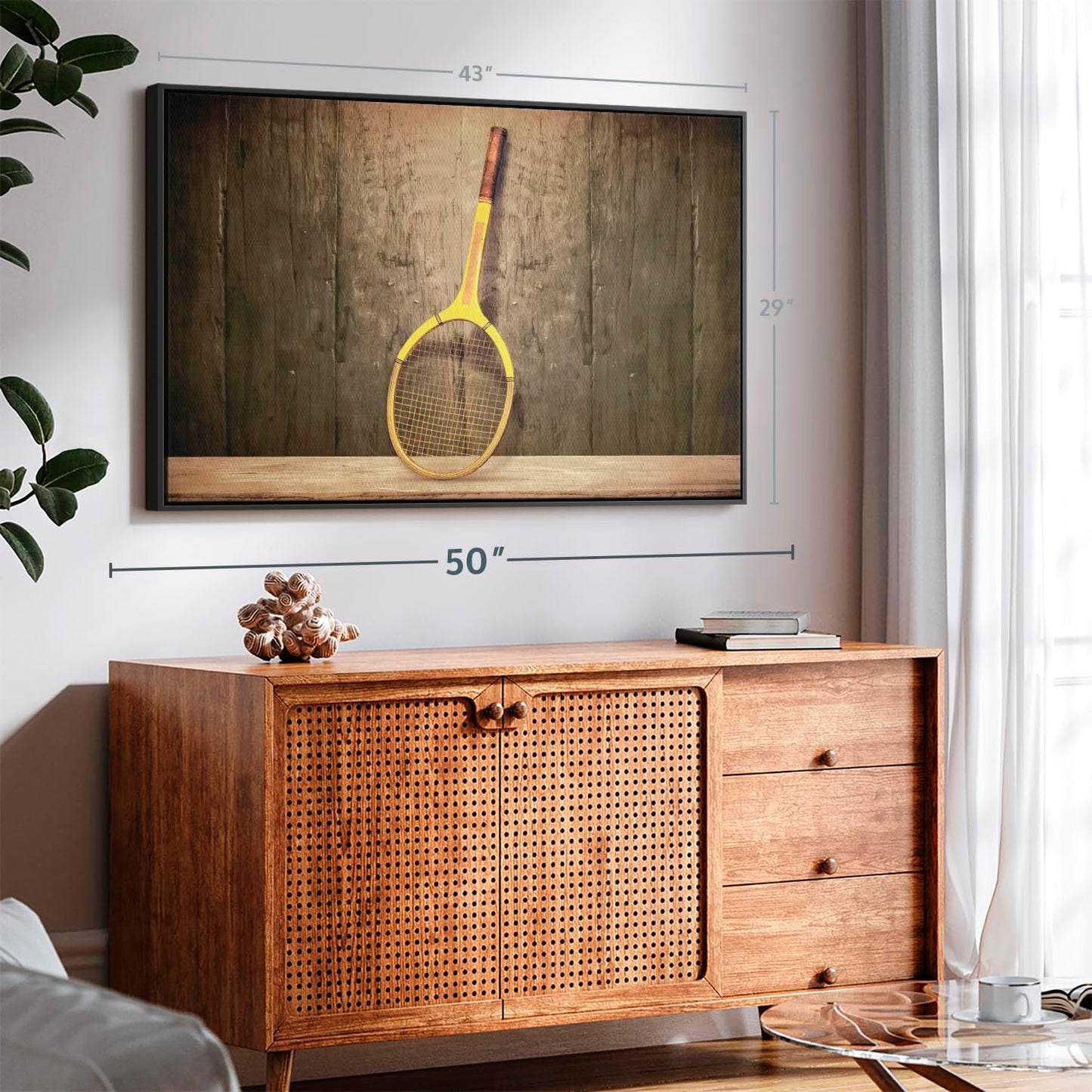 ElephantStock Vintage Tennis Racket Wall Art - Horizontal Framed Canvas - 1-Piece Living Room Wall Decor - Photography Sports Canvas Print - Brown and Black Decor for Wall - 43" X 29"