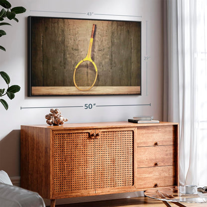 ElephantStock Vintage Tennis Racket Wall Art - Horizontal Framed Canvas - 1-Piece Living Room Wall Decor - Photography Sports Canvas Print - Brown and Black Decor for Wall - 43" X 29"