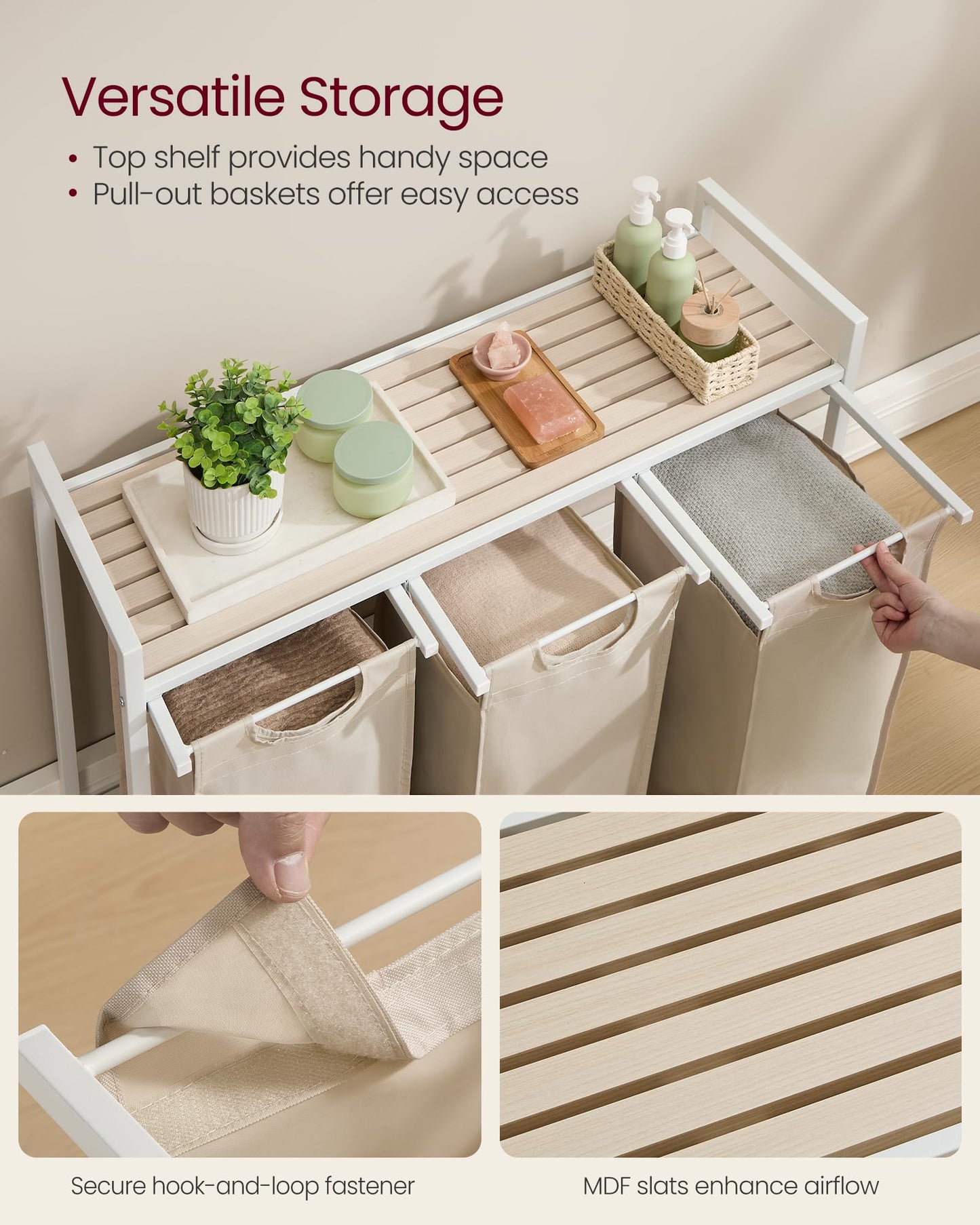 VASAGLE Laundry Hamper, Laundry Basket Sorter with 3 Pull-Out and Removable Bags, Shelf, Metal