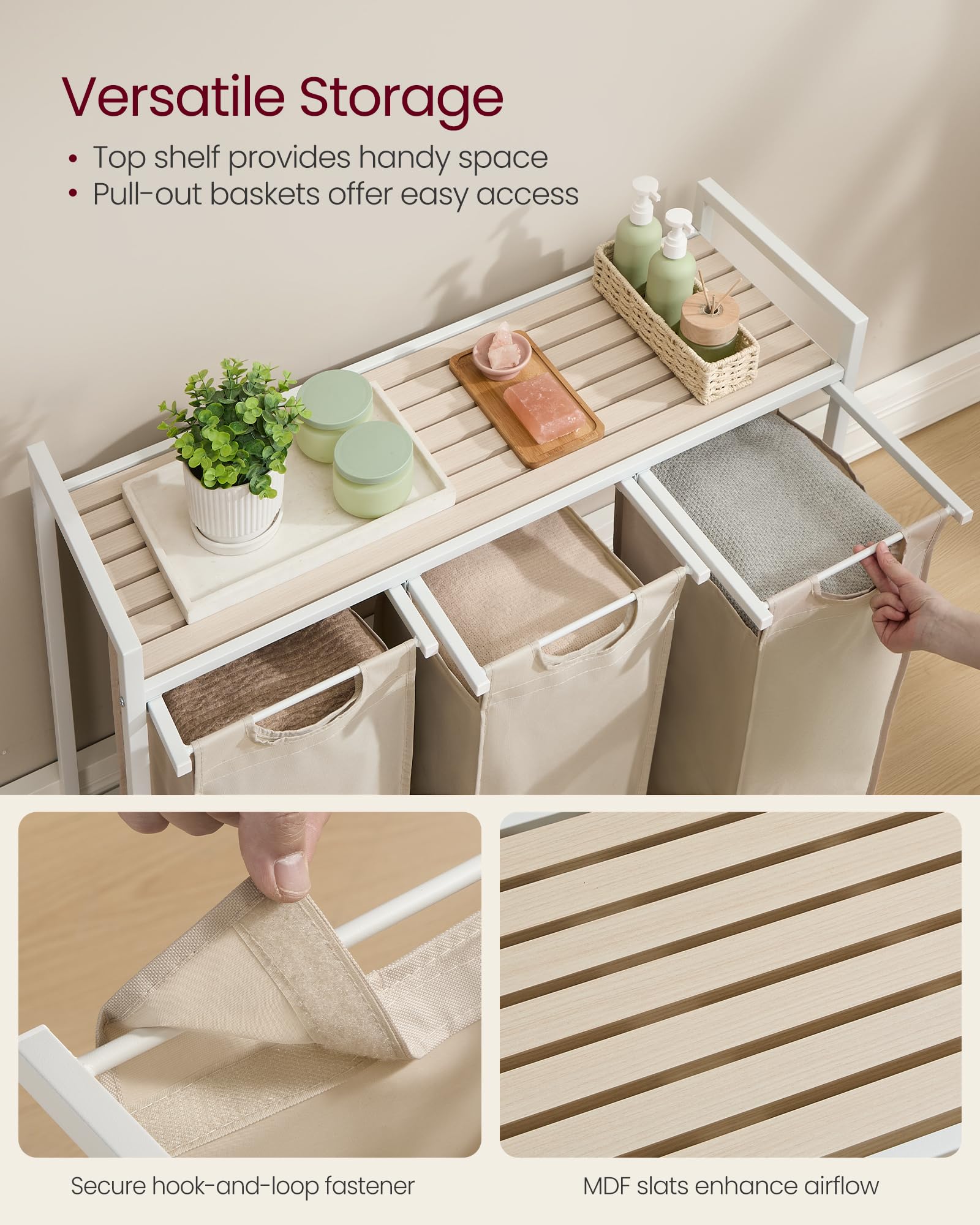VASAGLE Laundry Hamper, Laundry Basket Sorter with 3 Pull-Out and Removable Bags, Shelf, Metal