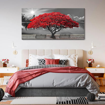 Black and White Red Tree Wall Art Canvas Print Picture Large Red Tree Landscape Modern Artwork for Living Room Bedroom Office Home Wall Decor With Frame 24X48inch