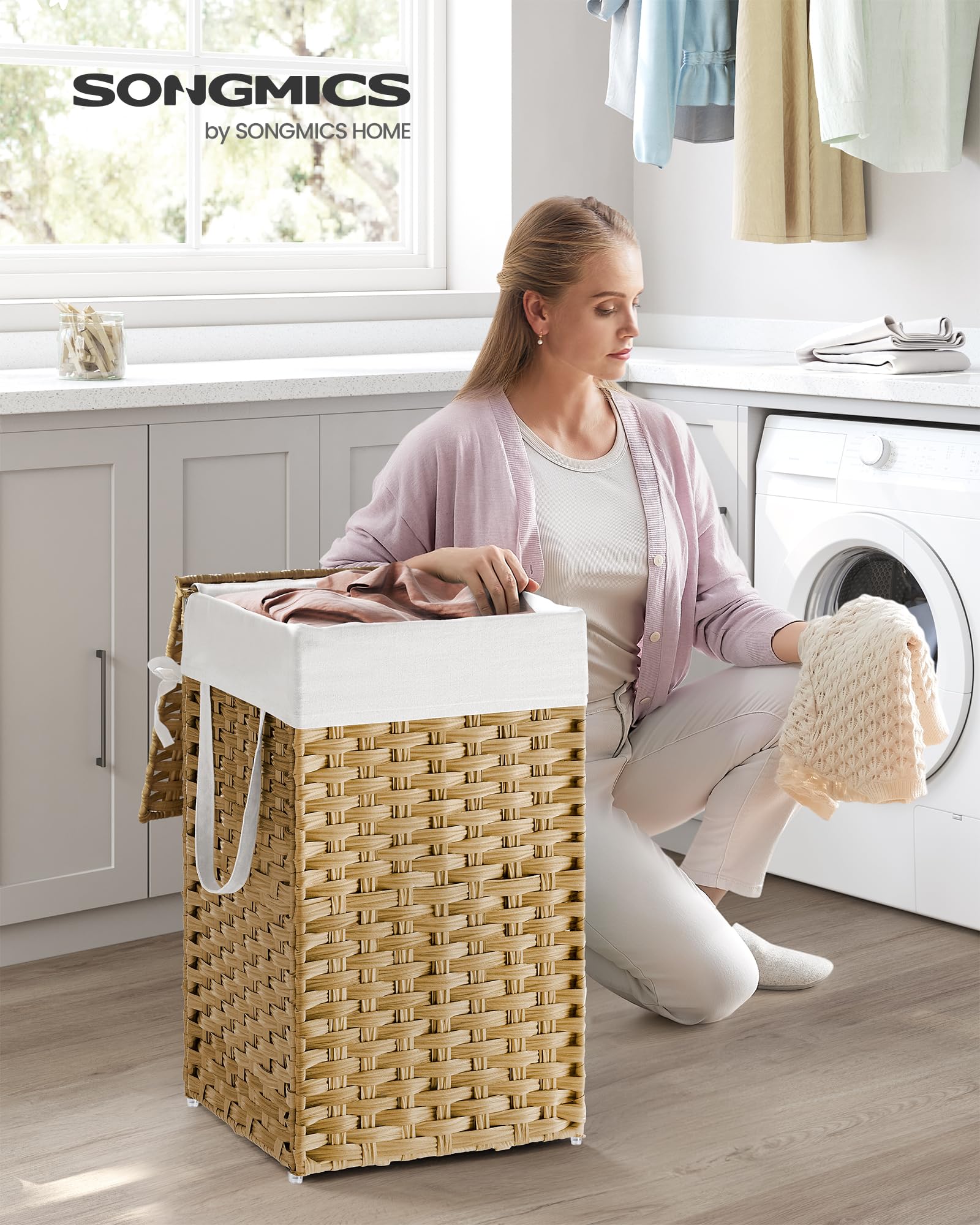 SONGMICS Laundry Hamper with Lid, 17.2 Gallon (65 L) Synthetic Rattan Clothes Laundry Basket with