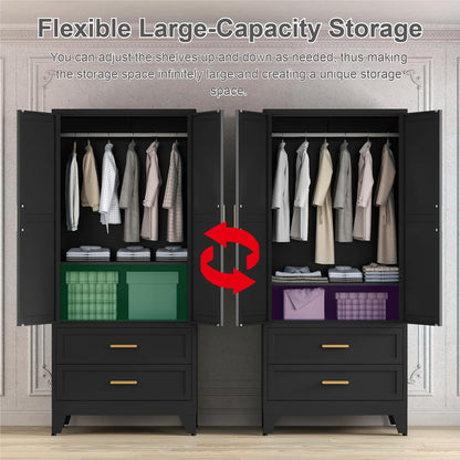 71'' Farmhouse Metal Wardrobe Cabinet with Hanging Rod, 2 Barn Door Wardrobe Closet with Adjustable Shelves,2 Drawer,for Dining Room,Bedroom,Living Room, Cloak Room,Office (Black)