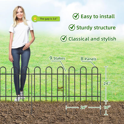 Metal Garden Fence 24 in H x 16 ft L, No dig Garden Border Yard Fencing, Dog Fence Outdoor Temporary Animal Barrier for Flower Bed Lawn and Patio, 8 Panels + 9 Stakes Black