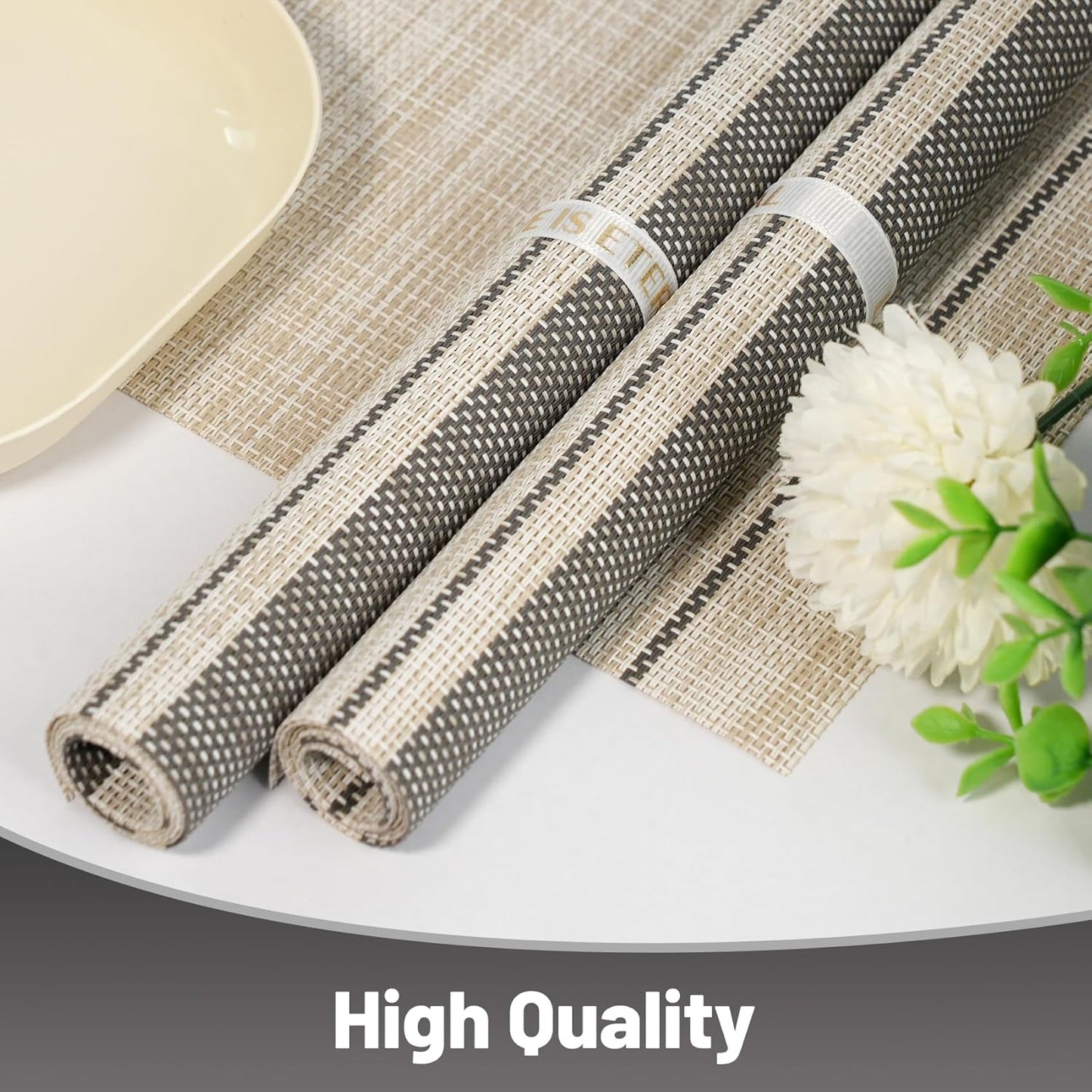 Placemats Set of 12，Non-Slip PVC Weave Table Mats Easy to Clean，Heat Resistant Place Mats for Kitchen Dining Table Decoration Indoor Outdoor，Khaki Gray