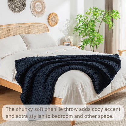 Chunky Knit Blanket Throw, 100% Hand Knit Throw Blanket Handmade Chenille Cable Knit Throw for Couch, Stylish Cozy Soft Rope Knot Crochet Blanket for Home Decor, Navy Blue, 50x60 Inches