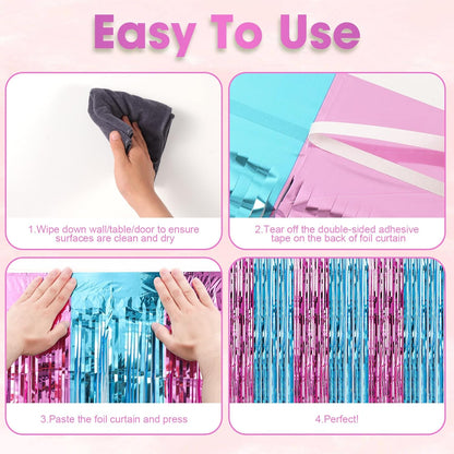 3 Pack 3.3x8.2 Feet Blue and Pink Foil Fringe Backdrop Curtains, Tinsel Streamers Birthday Party Decorations, Fringe Backdrop for Graduation, Baby Shower, Gender Reveal, Disco Party