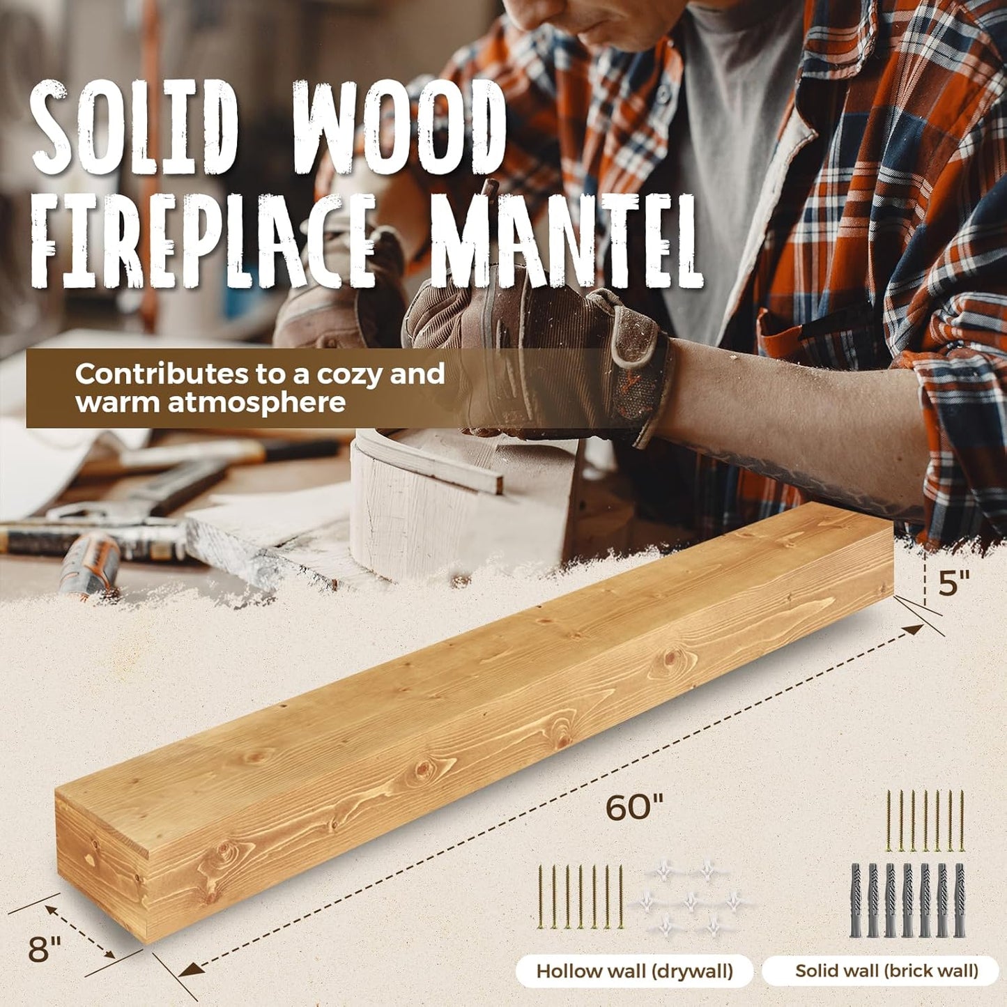 60x8x5 Fireplace Mantel - Handcrafted Rustic Solid Wood Wall Mounted Floating Shelf with Invisible Heavy Duty Wood Bracket (Natural)