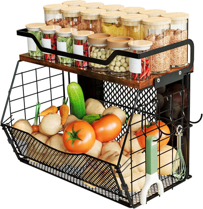 Magnetic Shelf for Fridge with Wood Lid, Magnetic Spice Rack for Refrigerator Large Capacity Sturdy with 4 Hooks,Magnetic Basket for Kitchen Pantry Laundry (1 Set with Buckles)