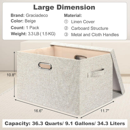 Large 17 36 Quart Collapsible Stackable Storage Bins with Lids, 1 Pack Beige Foldable Fabric Closet Storage Boxes with Lids, 4 Handles Toy Heavyduty Dark Gray Linen Storage Cube Box