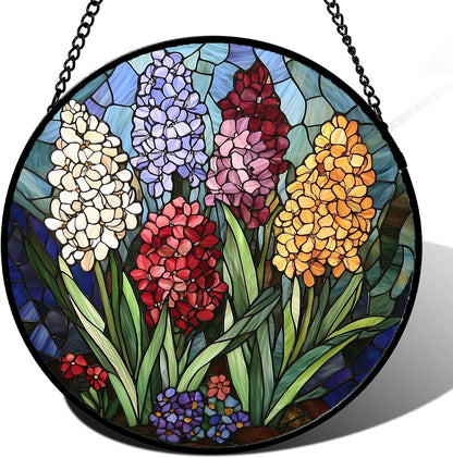 Stained Glass Window Hanging, Colorful Hyacinth Flowers Suncatcher for Doors Window Home Plant Sun Catchers Decoration Mother's Day Birthday Gifts for Women, Men, and Mom 9.8x9.8 in