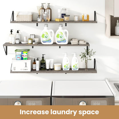 Heimlove 48 Inch Large Floating Bookshelves Set of 3,Wall Mounted Bookshelves,Heavy Duty Bracket Shelves for Living Room,Bedroom,Kitchen,Laundry Room Storage & Decor,Rustic Silver Grey