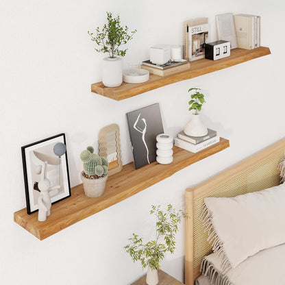 Axeman 48 inch Floating Shelves for Wall - 8'' D Live Edge Rustic Solid Elm Wood Floating Shelves Wall Mounted, Hanging Shelves with Invisible Bracket for Living Room Bedroom Kitchen, Natural