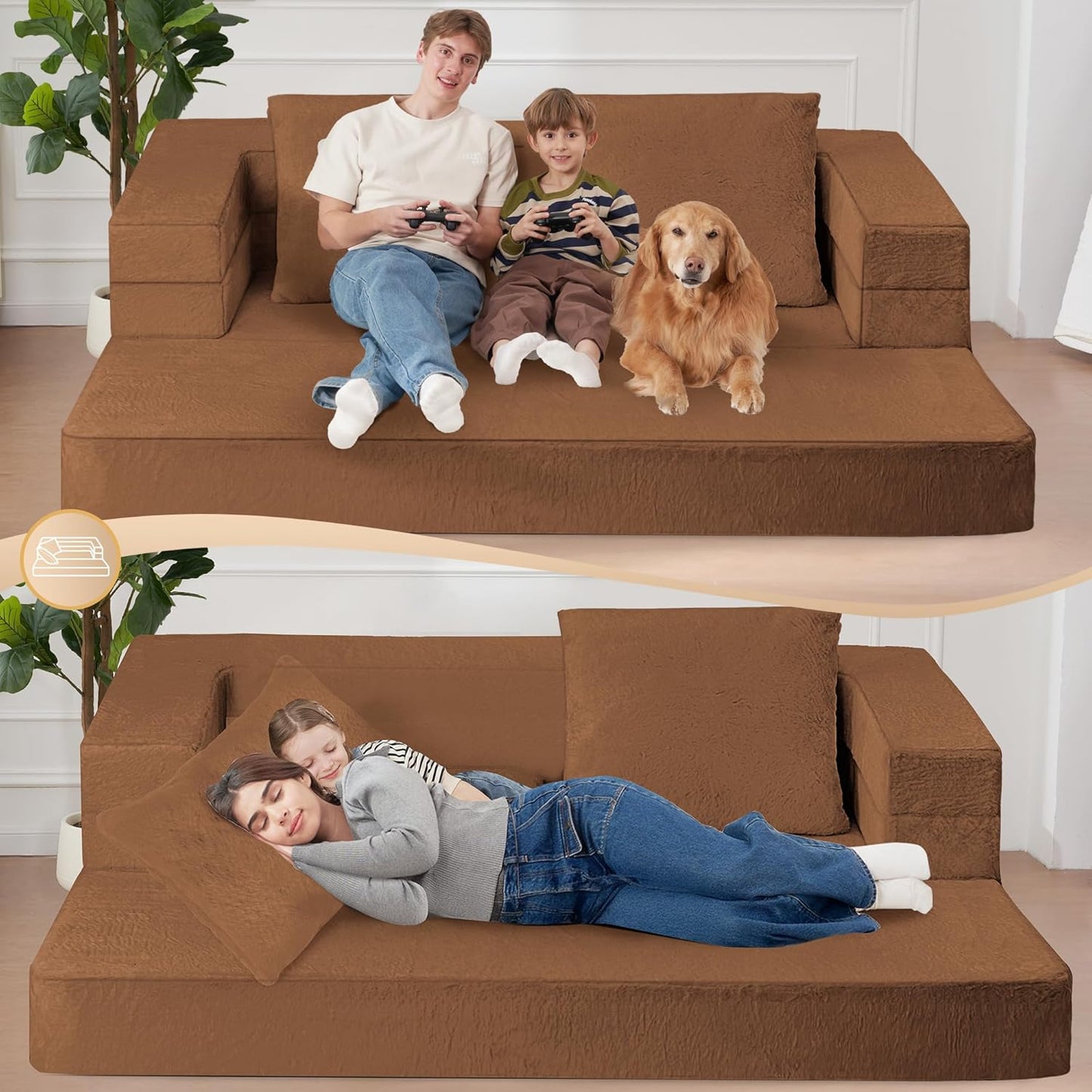 Folding Bean Bag Chair for Adults,3-in-1 Bean Bag Couch Faux Fur Floor Sofa Large Beanbag Convertible Bean Bag Sofa Bed with Pillow in Bedroom,Living Room,Apartment(Queen,Caramel)