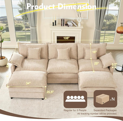 108" U Shaped Couch, Modular Sectional Sofa, 3-Seater Comfy Cloud Couch with Movable Ottoman, Deep Seat Couches for Living Room, Chenille, Flat White