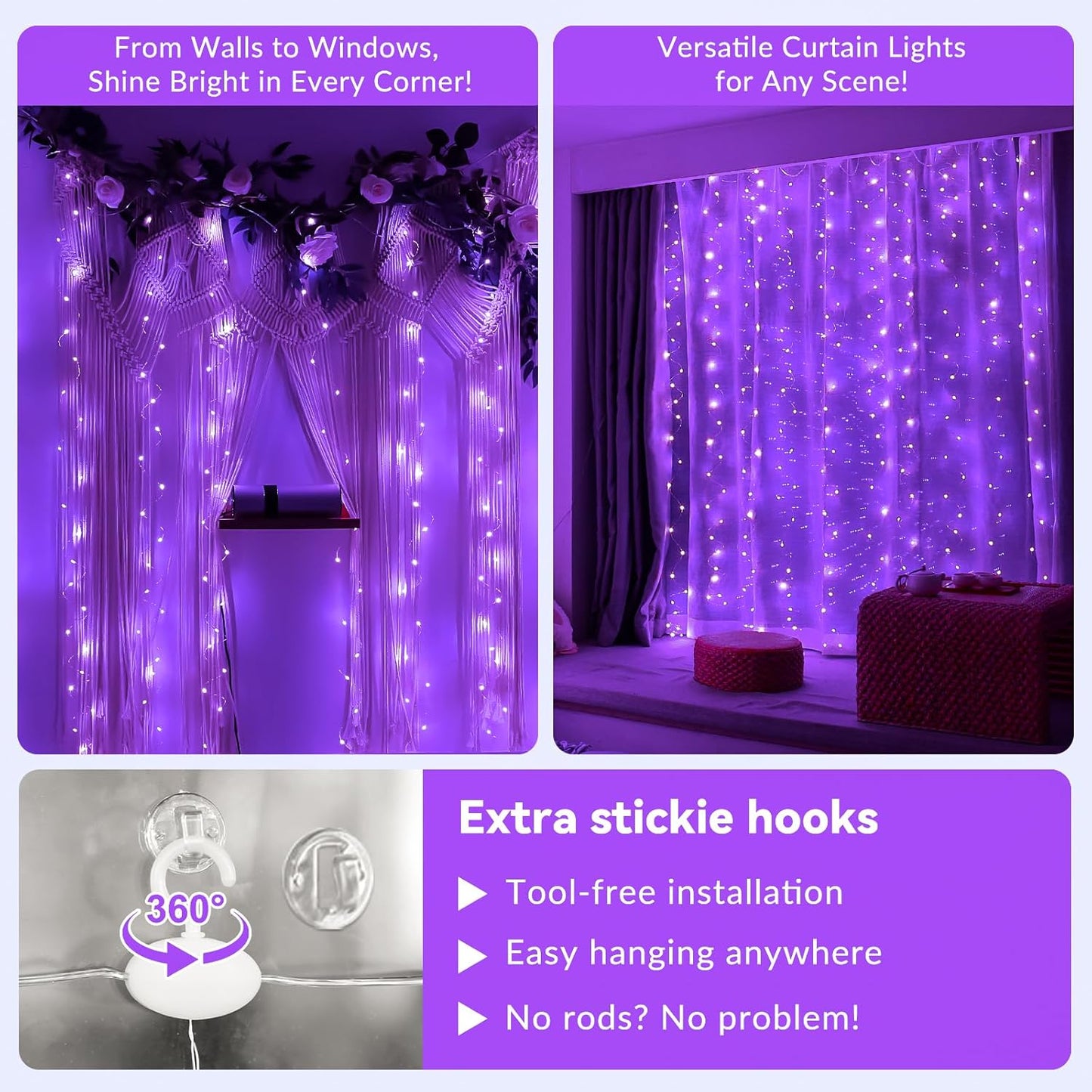 HXWEIYE 300LED Purple Fairy Curtain Hanging Lights with Remote 8 Modes Timer for Bedroom, 9.8x9.8Ft USB Plug in Christmas Fairy String Lights for Outdoor, Weddings, Party, Garden, Wall, Decorations